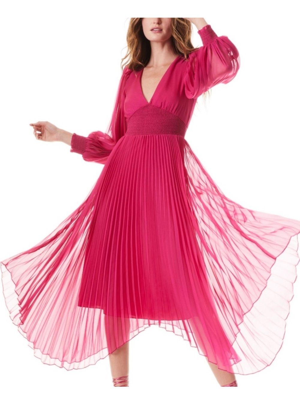 Alice + Olivia NWOT sion sunburst pleated smocked midi dress raspberry size 2